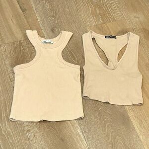 Zara Set of 2 Beige Ribbed Tank Tops Small